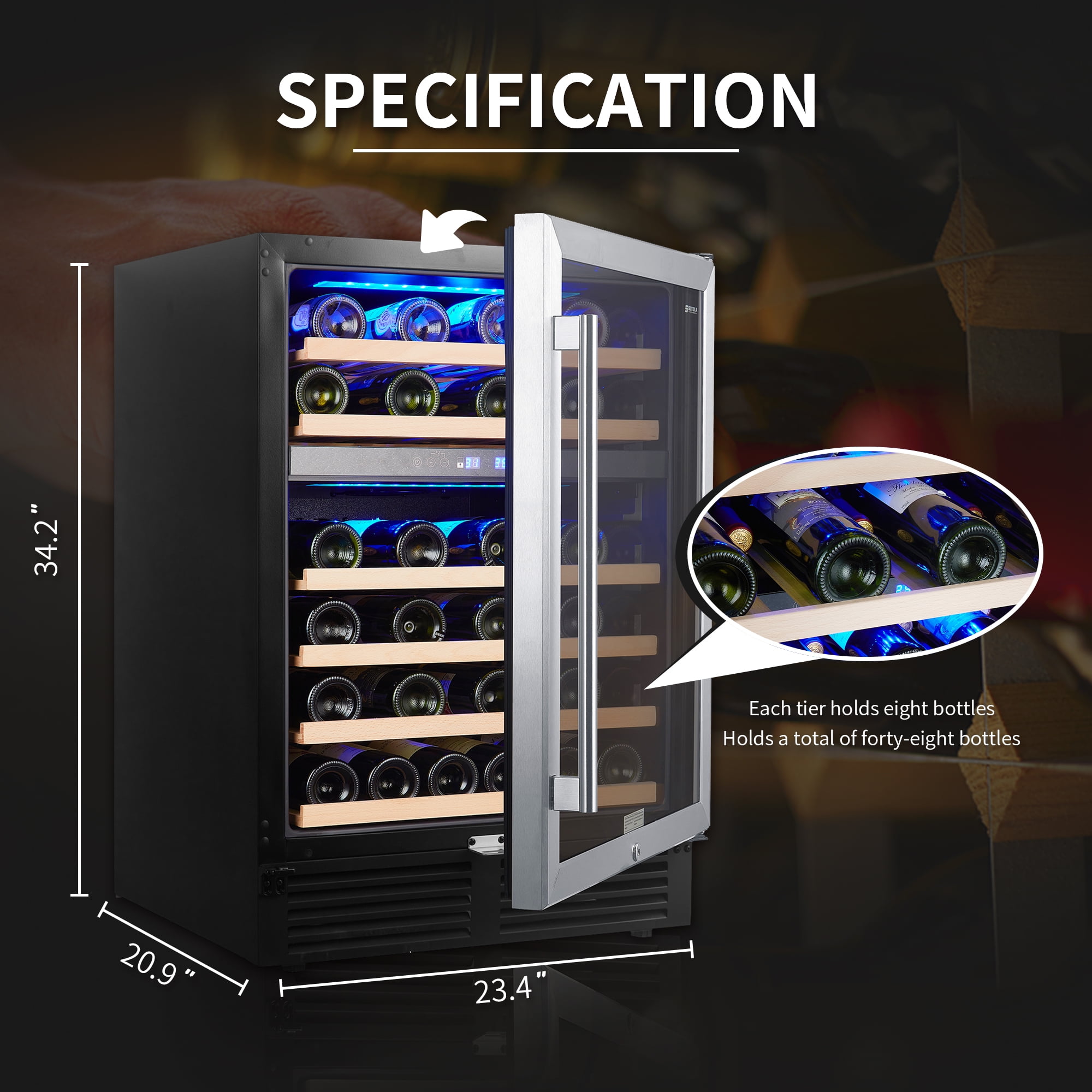 Lausatek 24 inch 46 Bottle Wine Cooler Cabinet Beverage Fridge Small Wine  Cellar Soda Beer Counter Top Bar Quiet Operation Compressor Freestanding  Clear Glass Door for Office 