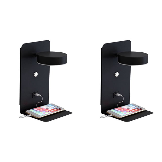 2X Lámpara de Pared de Lectura con Puerto USB Que Carga la Lámpara de Cabecera Creativa Del Estante Negro