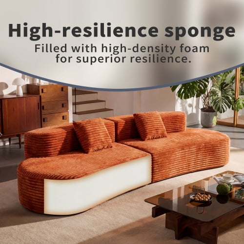 Howcool Boneless Cloud Couch 108.6", Curved Modular Compression Sofa, Deep Seat Corduroy Foam Couch, Sectional Floor Sofa in a Box, No Assembly, 4 Seater, Orange(Thick Sponge)