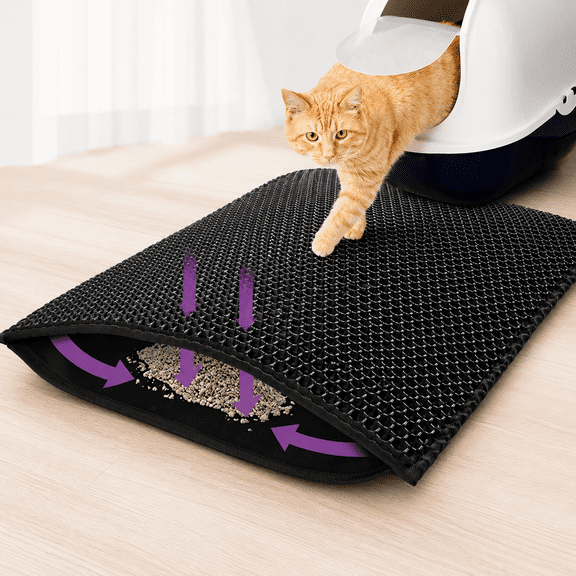 Double Layer Honeycomb Cat Litter Mat, Waterproof Non-Slip Litter Box Filter Pad, Wear Resistant Washable Kitty Sand Catcher Mat 30×45cm Black