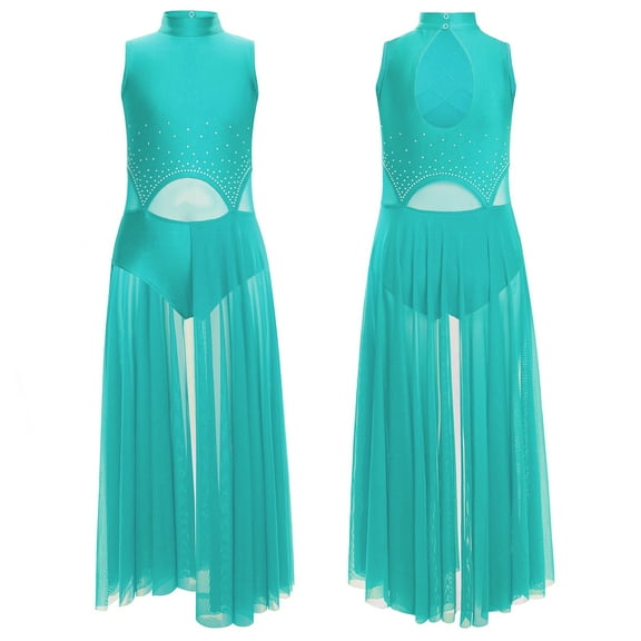 YiZYiF Girls Lyrical Dance Costume Keyhole Back Sleeveless Rhinestones Split Dress Dancewear Blue Green 10