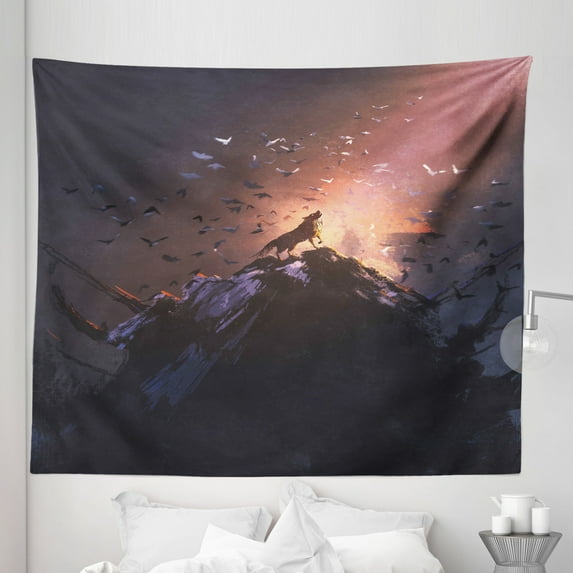 Fantasy Tapestry, Howling Wolf on Rock Surrounded by Bats Birds Scary Dog Wild Life Animals Art, Fabric Wall Hanging Decor for Bedroom Living Room Dorm, 5 Sizes, Multicolor, by Ambesonne