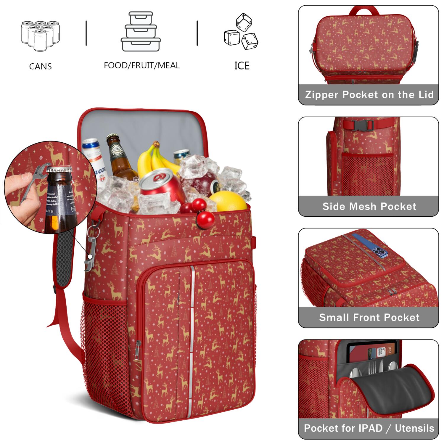Travel Cooler Bag - Red Christmas Golden Reindeer Pattern Camping Beer Cooler Backpack with Bottle Opener- Waterproof Insulated Picnic Backpacks - Cooler Bag for Beach
