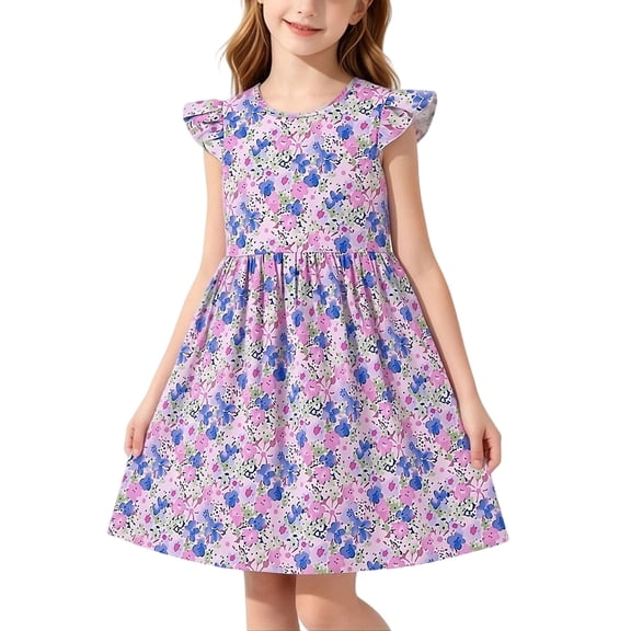 Aline Floral Dress Girls Ruffle Sleeve Casual Cute Summer Dresses Cotton Going Out Trendy Outfits Purple, 6 Years