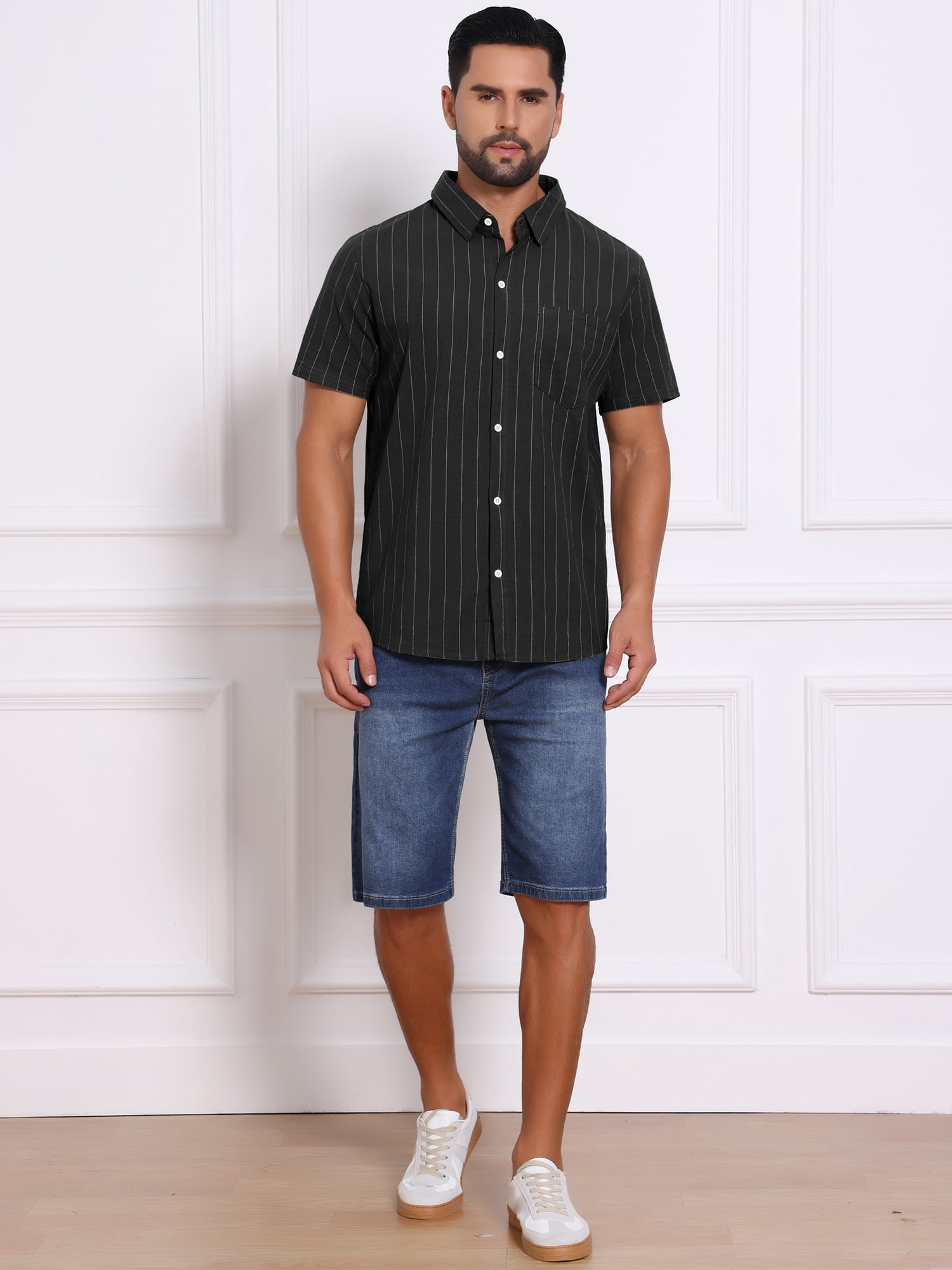 DARING DIVA Men's Point Collar Short Sleeve Button Down Stripes Shirts L Black