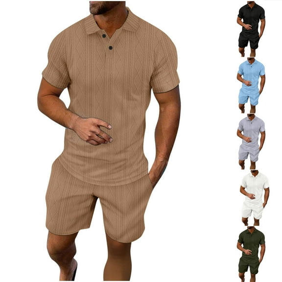 FRSASU Men's Polo Shirt and Shorts Set Casual Jacquard Knit Tracksuit Set for Men Summer Outfits 2 Piece Short Set White
