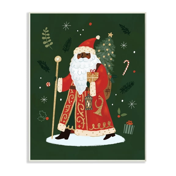 Stupell Industries Festive Santa Claus Figure Green Christmas Holiday Holiday Painting Unframed Art Print Wall Art, 10 x 15