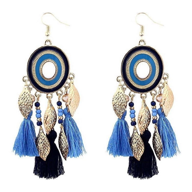 Pendientes de estilo étnico con borlas largas, personalidad y temperamento, pendientes Joker, gancho para la oreja de hoja dorada de estilo chino Características étnicas