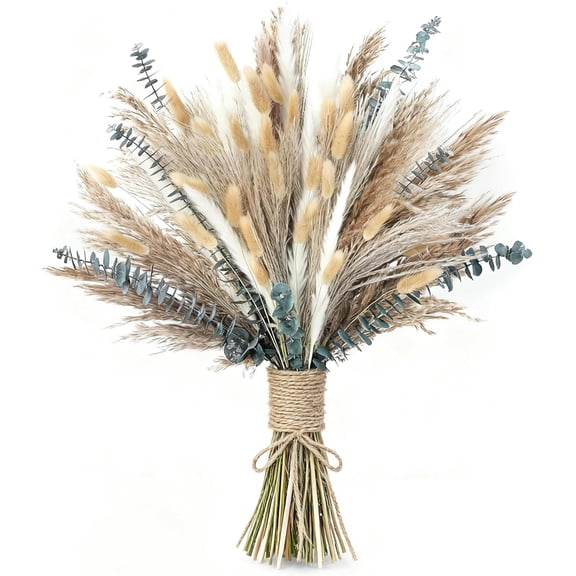 120 Pcs Dried Flowers for Vase, Natural Reed Grass Bouquet with Bunny Tails & Eucalyptus, Home Decor for Wedding (Light Brown)