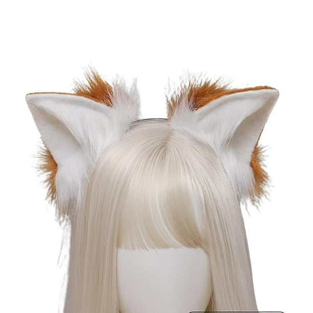 Diadema hecha a mano con orejas de piel de lobo y zorro, diadema de disfraz de Anime para fiesta y Halloween, color marrón y blanco