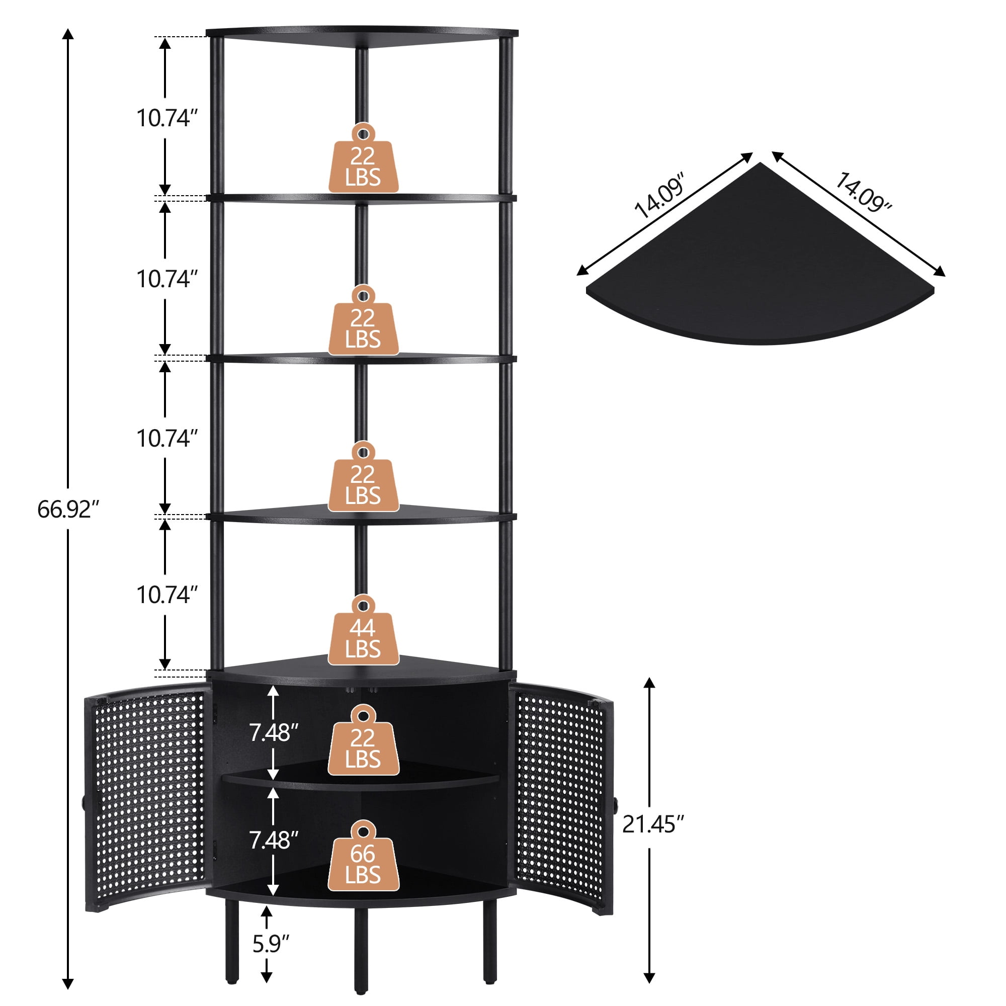 YOCWO 67" Tall Corner Bookshelf with 4-Tier Display Shelves and 2 Door Storage Cabinet, Metal Rattan Door Design, Black