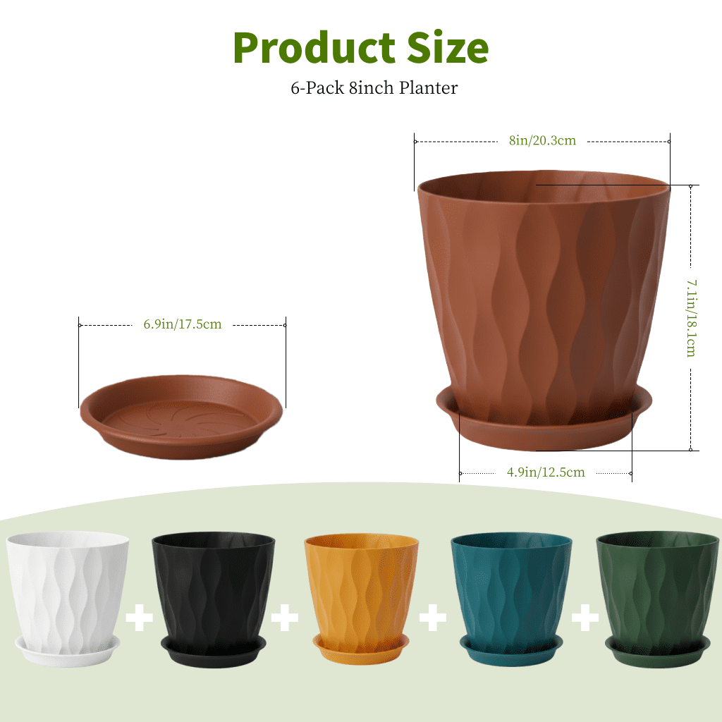 6 Pack 8 Inch Plant Pots , Plastic Flower Pots for Indoor & Outdoor Plants, Planters with Drainage Holes and Saucer(Multicolor)
