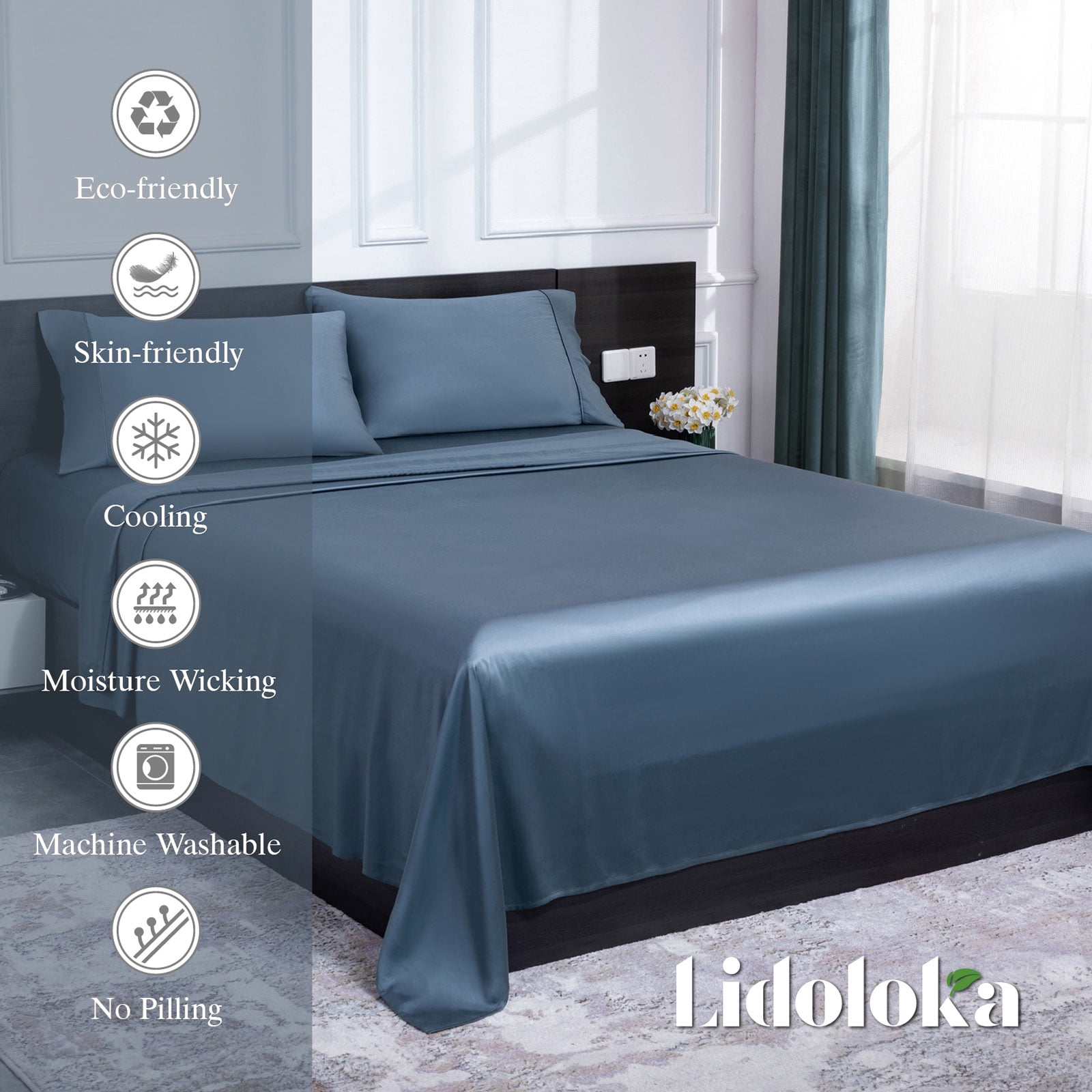Lidoloka Luxury Bamboo Bed Sheets Set Full 4 Pcs for Adult,Soft&Cool,16" Deep Pocket,Blue Gray