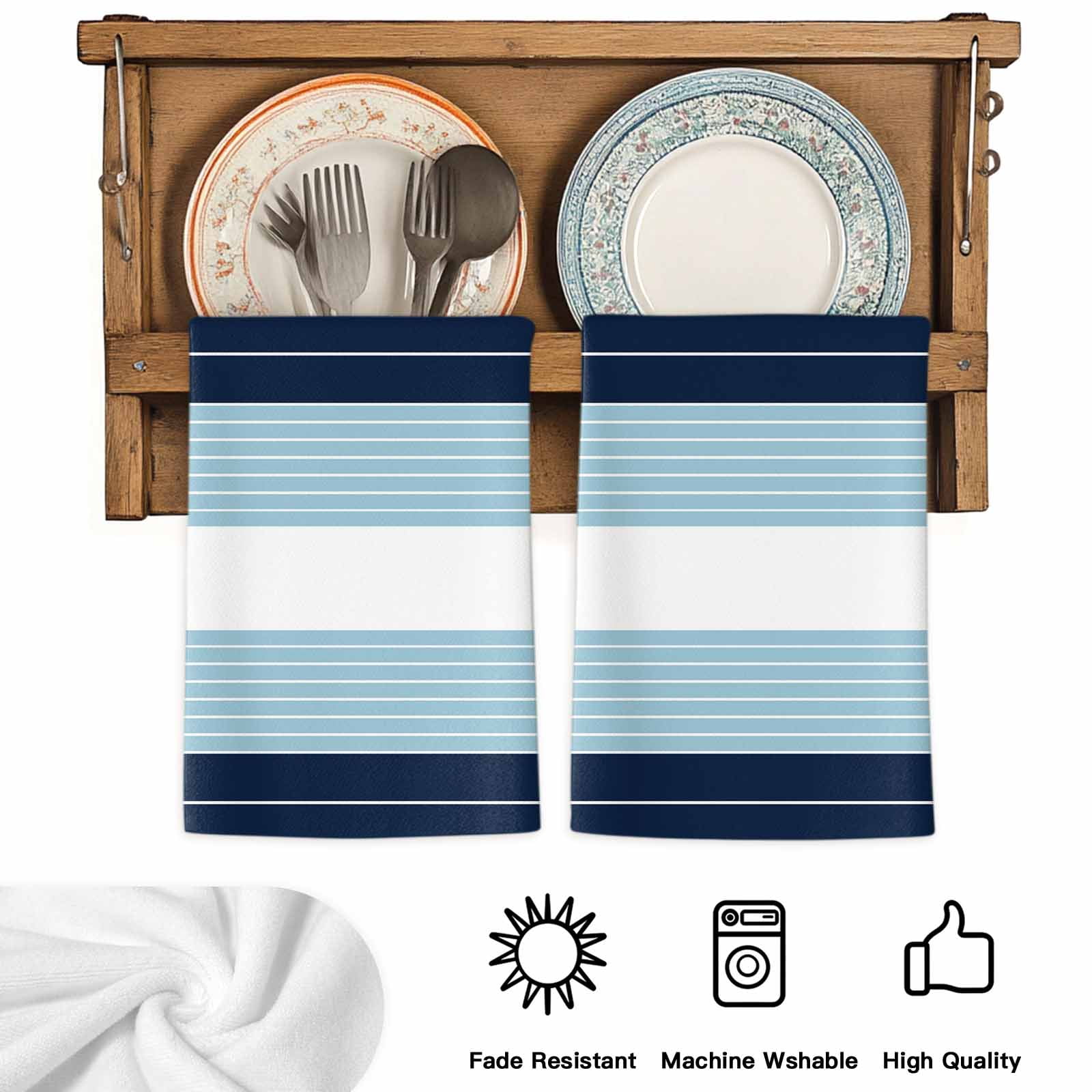 Dish Towels, Sky Blue Striped Absorbent Kitchen Towels 2 PCS, Ombre Stripes Microfiber Hand Towels Dish Cloths Tea Towels for Home&nbsp;Bathroom Cleaning Drying,18X28-Inch,