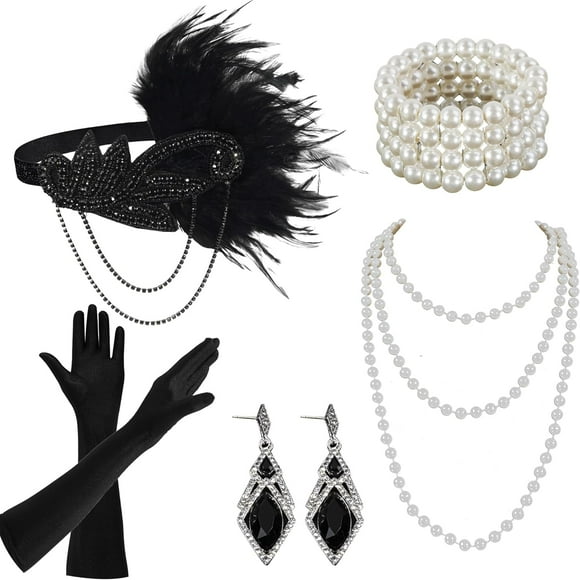 GHSDFBB Flapper Accessories 1920s Great Gatsby Costume Set for Women Include Feather Headband Mutil-layered Pearl Necklace Bracelet Black Earrings Gloves