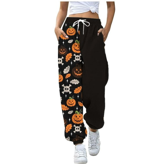 CONZONE Halloween Casual Pants for Women Baggy Elastic Waist Drawstring Joggers for Women Hallowmas Printed Wide Leg Trousers with Pockets