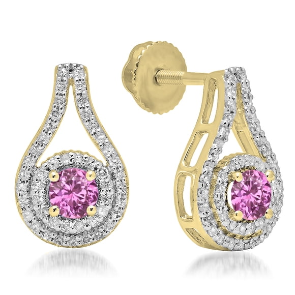 1.10 Carat (ctw) 14K Yellow Gold Round Cut Pink Sapphire & White Diamond Ladies Halo Style Drop Earrings 1 CT