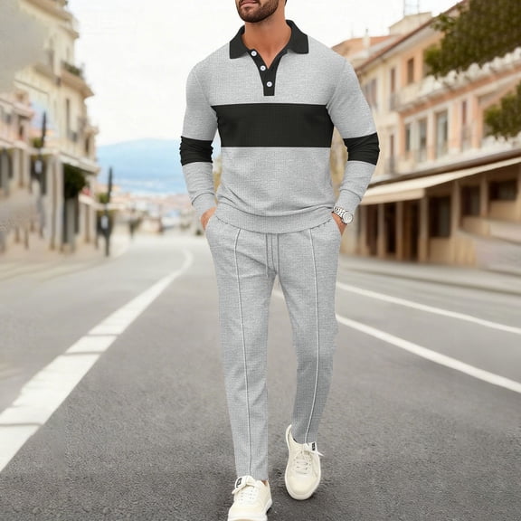 Yusimy Men's Solid Color 2-Piece Waffle Knit Cardigan Set Long Sleeve Elastic Waist Drawstring Straight Leg Pants Casual
