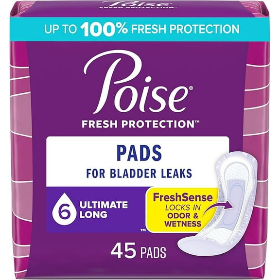 Poise Incontinence Pads & Postpartum Incontinence Pads, 6 Drop Ultimate Absorbency, Long Length, 45 Count