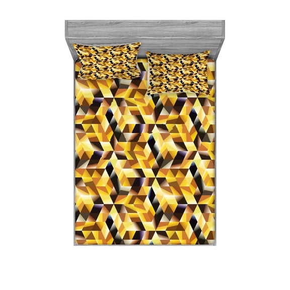 Ambesonne Abstract Fitted Sheet & Pillow Sham Set, Graphic Cubes Blocks, Full, Black Yellow Brown