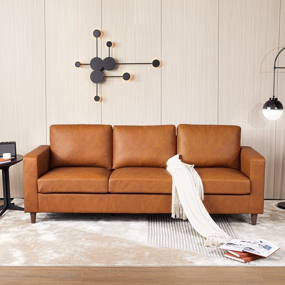COZONY Mid-Century Modern 3-Seater Faux Leather Sofa with Deep Seats, Soft Cushions and Armrests for Living Room, Bedroom, Office,Orange