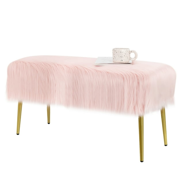 Costway Fauxfur Ottoman Bench Modern Vanity Bench Stool w/ Golden Legs Pink