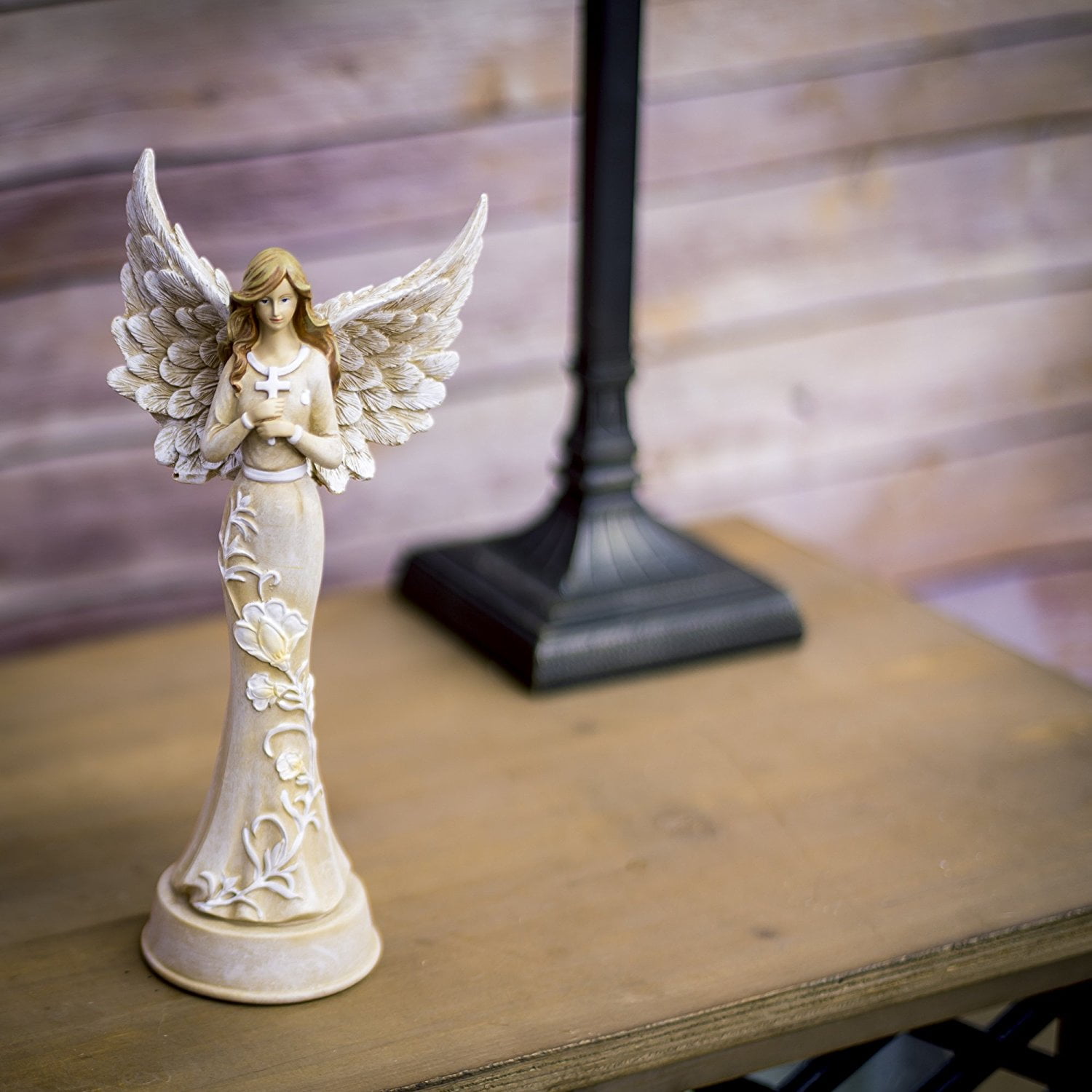 Embossed Blossom Flowers Angel 11 inch Resin Stone Table Top Figurine Statue