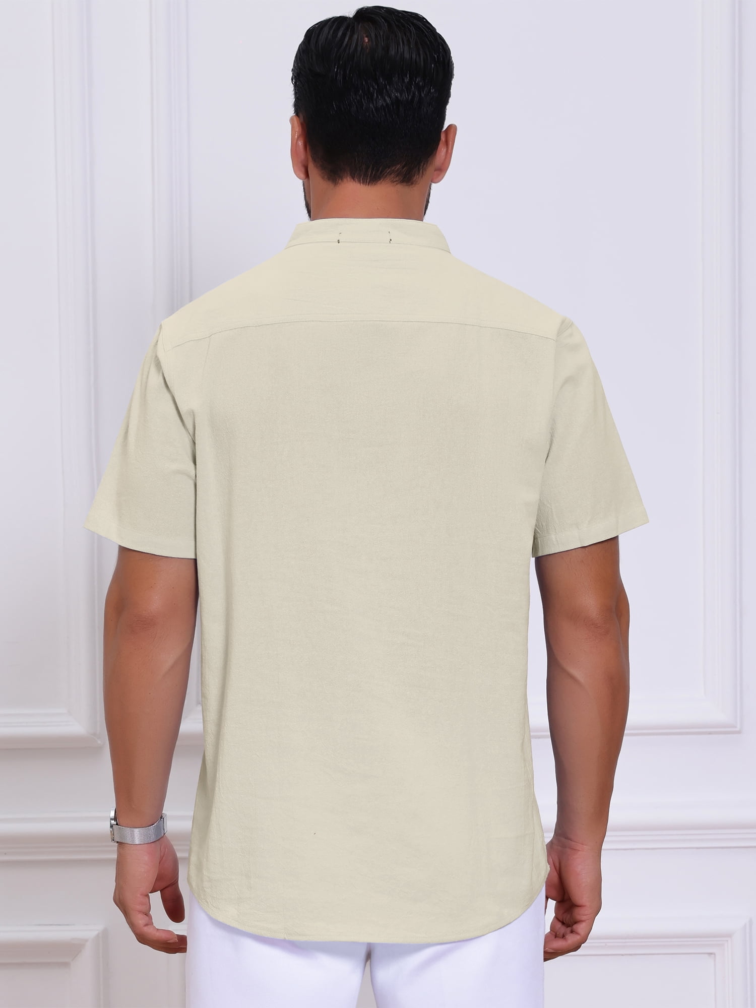 DARING DIVA Men's Casual Henley Band Collar Short Sleeve Summer Linen Shirts S Apricot