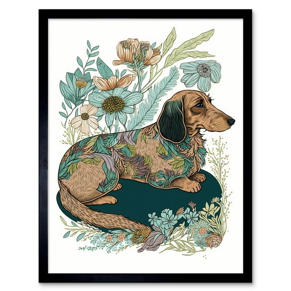 Multicoloured Fur Dachshund Dog with Spring Flowers Modern Watercolour Illustration Art Print Framed Poster Wall Decor 12x16 inch