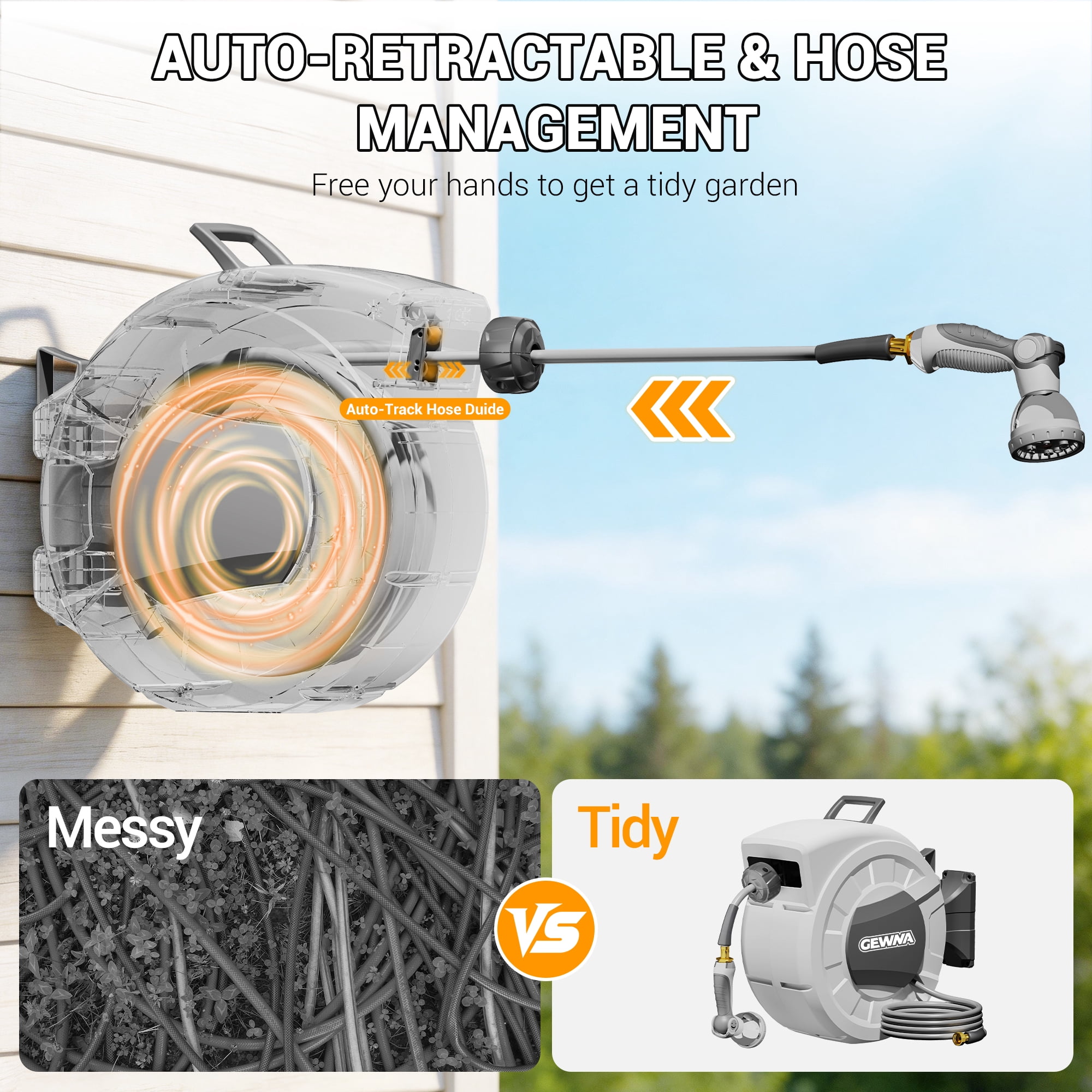 Gewna 1/2 in x 100 ft Retractable Wall Mounted Garden Hose Reel with 10 Pattern Nozzle, Any Length Lock, Slow Return System, 180°Swivel Bracket