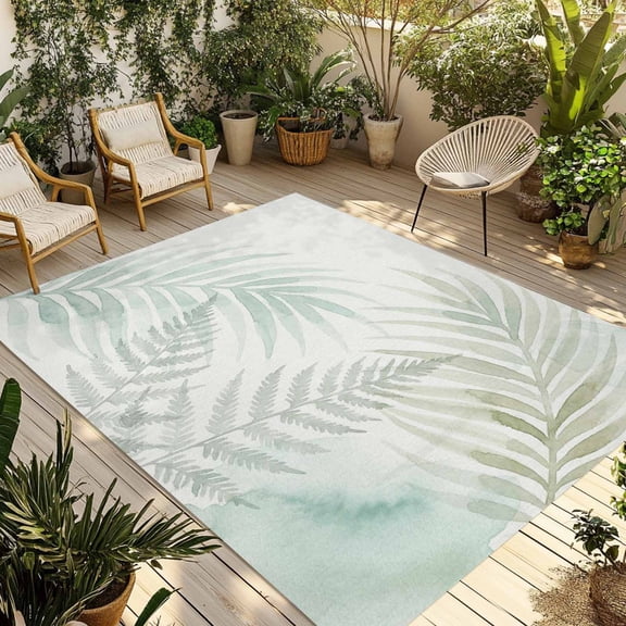 Summer Botanical Outdoor Rug 3x5 Ft - Reversible Patio Rug Outdoor Camping Rugs, Green Tropical Palm Leaves Watercolor Washable Indoor Outdoor Area Rugs, Non-Slip Outdoor Carpet Runner for Deck/Porch