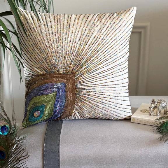 Throw Pillow Cover, Ivory Decorative Pillowcase 16x16 inch (40x40 cm), art deco pillow, Silk Throw Pillows For Couch, Birds, Peacock Feather, Beaded, Zippered Pillow - Peacock Beauty