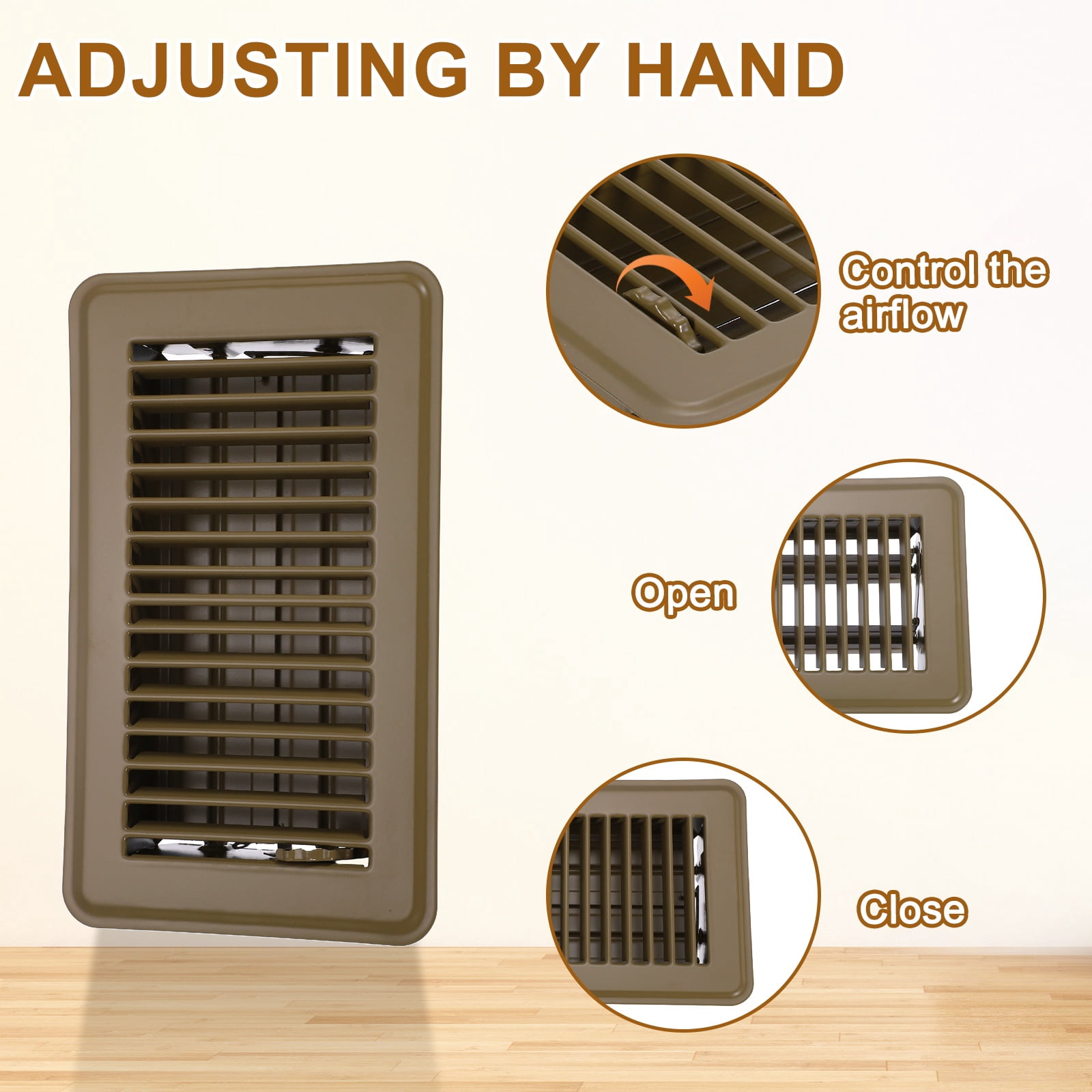 4x8 Inch Floor Vent Covers, Floor Registers Metal Walkable Air Vent Covers Easy Adjustable Air Supply Lever, Brown 6 Pcs
