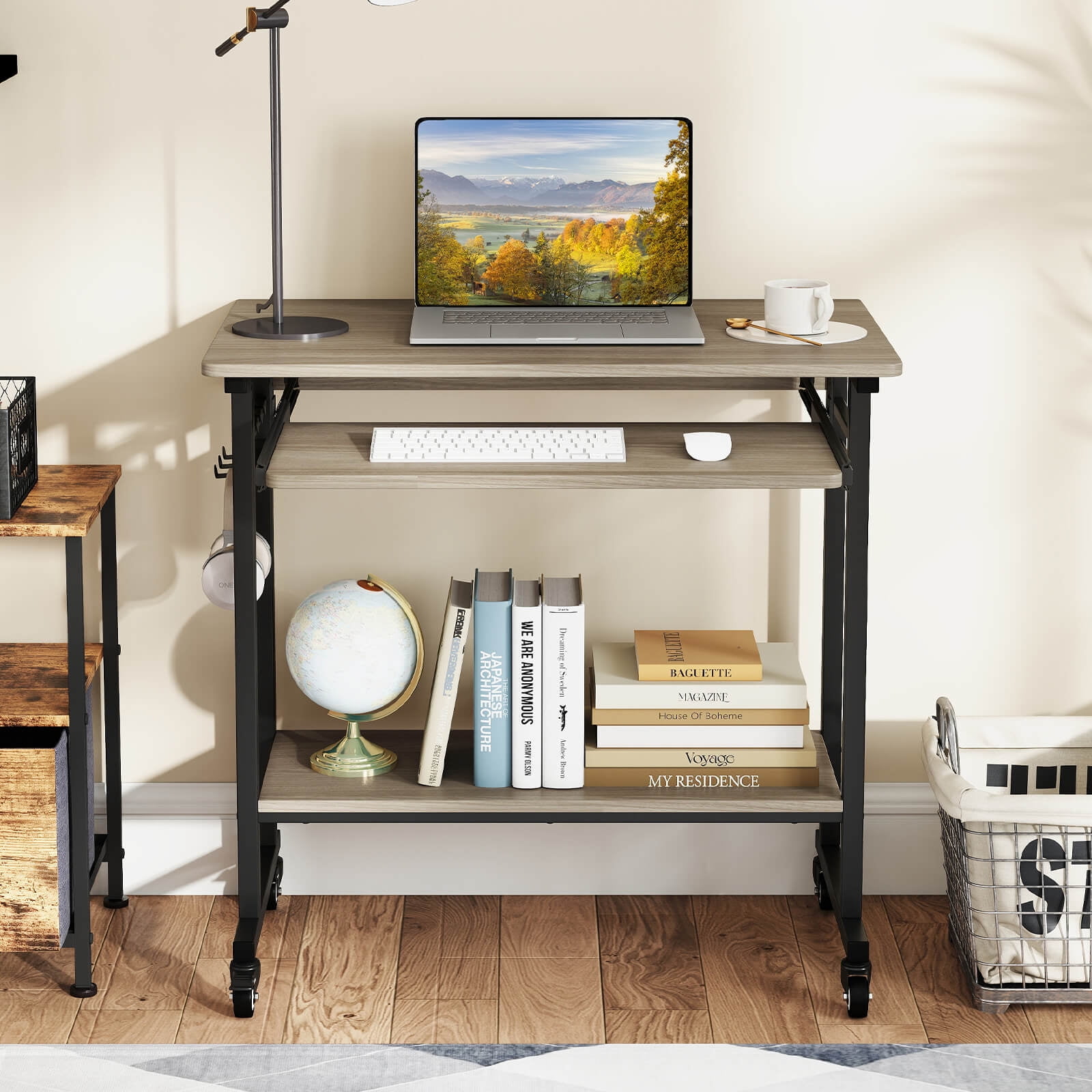 Costway Mobile Laptop Desk with Keyboard Tray, Lower Shelf, 3 Hooks, 4 Universal Wheels Gray