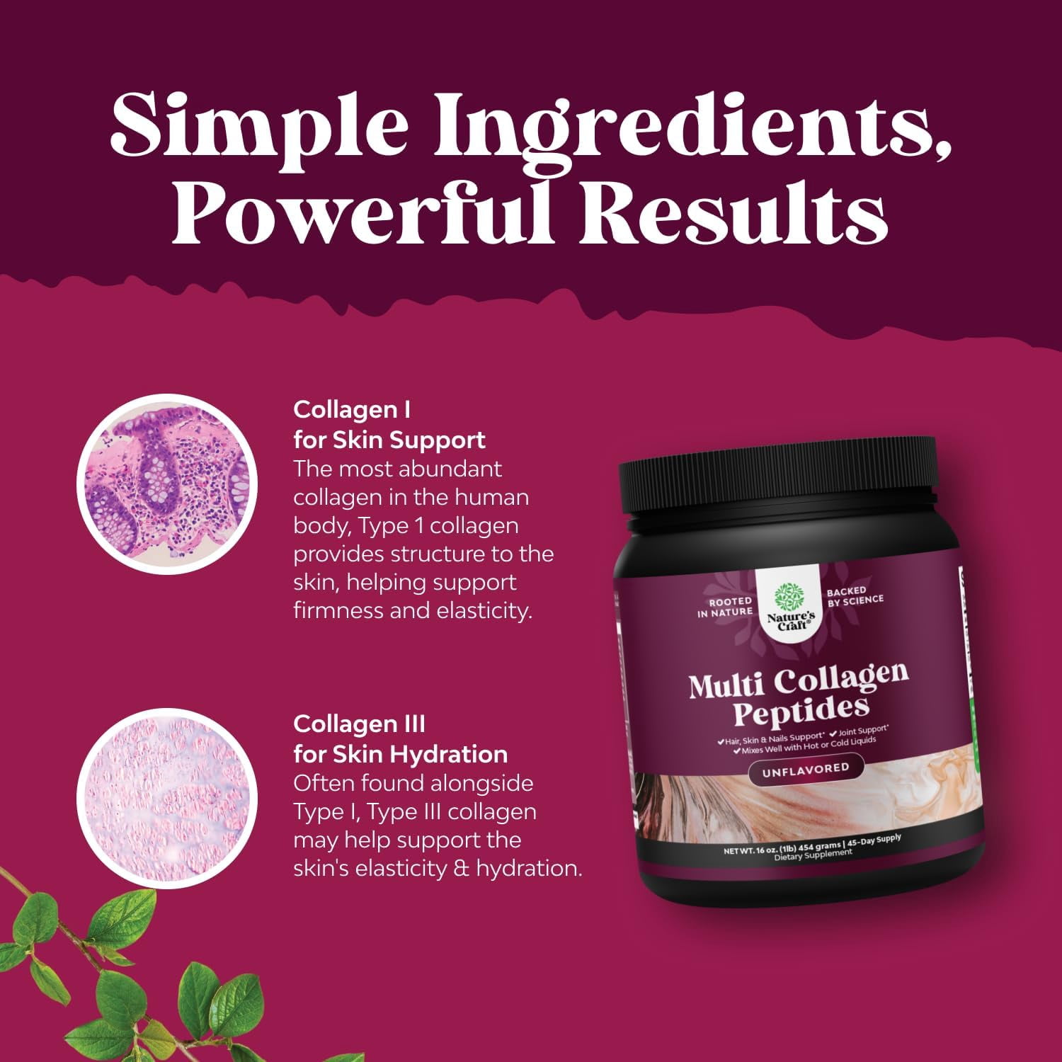 Natures Craft Multi Collagen Peptides, Hydrolyzed Protein Powder for Skin and Bone Joint Support, 1 lb