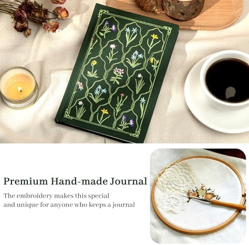 YNGLLC Embroidered Lined Journal Notebook for Women A5 Floral Journals for Writing Aesthetic Journaling Notebooks for Gift Diary Sketching Note Taking, Cloth Cover, Gift Box, 5.7"x8.3", Green