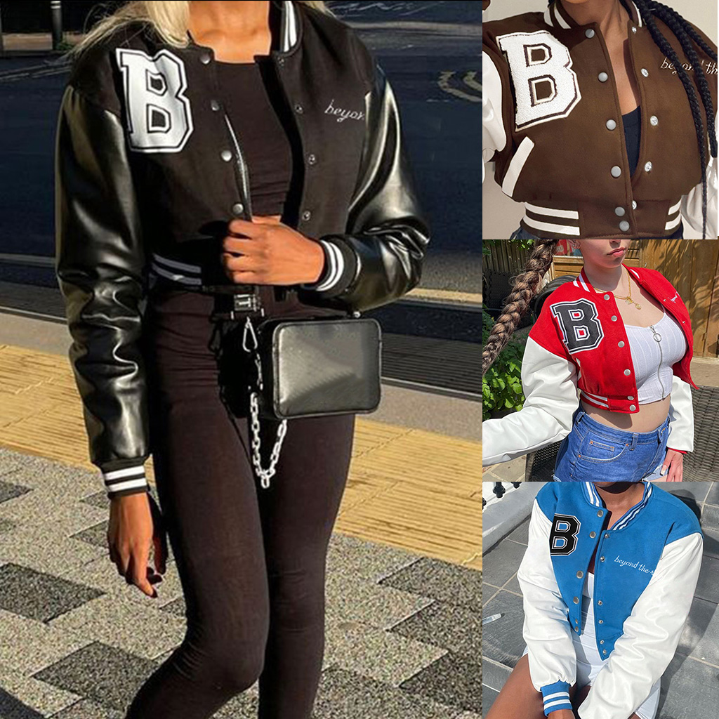 BYDOT Women Faux Leather Long Sleeve Baseball for Jacket Letter Print Oversize Bomber Coat - image 3 of 19