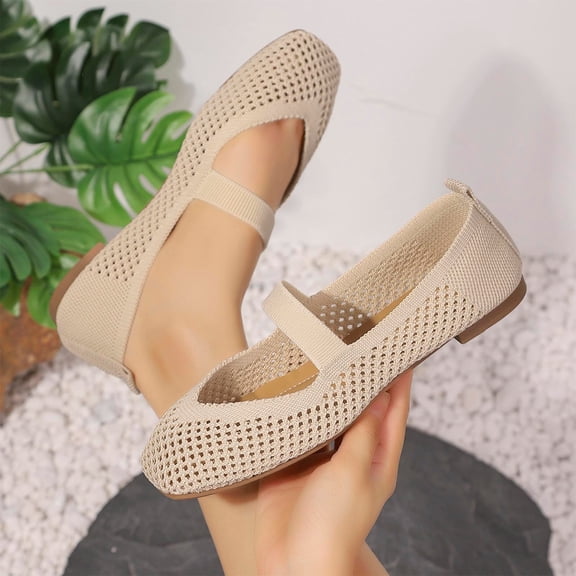 BRGZLK Women's Knitted Ballet Flats Summer Mesh Square Toe Comfort Lightweight Slip On Casual Mary Janes Shoes Non Slip Casual Dress Shoes for Work Office Beige 6.5