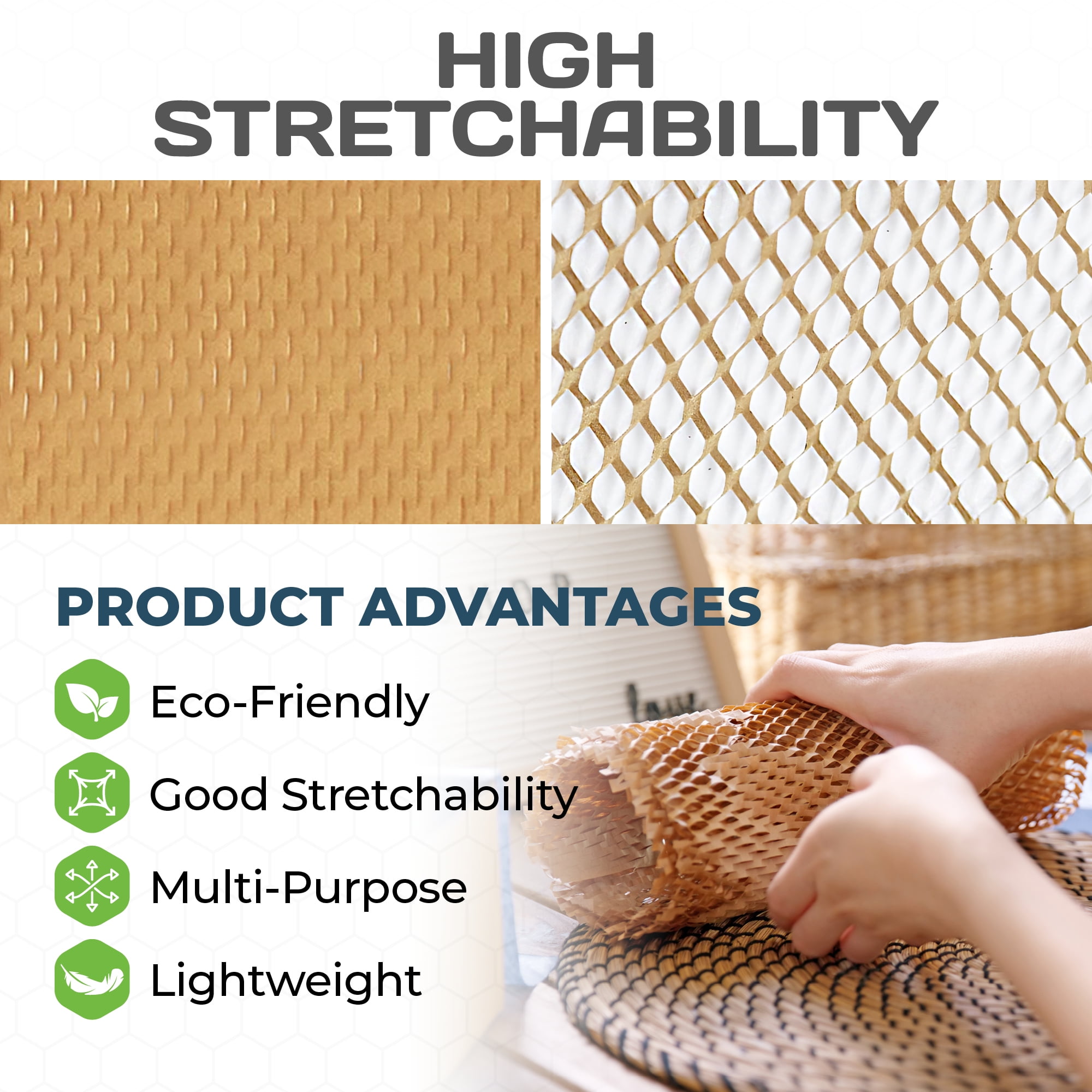 HexcelPack HexcelWrap Mini - Honeycomb Packing Paper, Eco-Friendly, Sustainable Paper Bubble Wrap for Shipping & Moving, Cushioned Packing Material in Easy Self-Dispenser Box - Natural, 12" x 300'