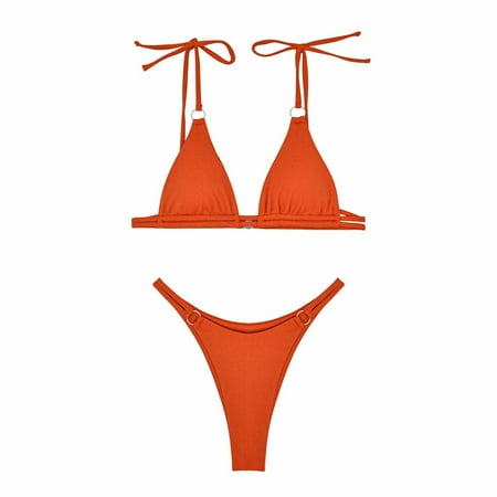Arnsht Women s Two Piece Bikini Swimsuit Soft Comfortable Ribbed Triangle Top Bathing Suits String Bikini Sets With Chest Pad Orange L