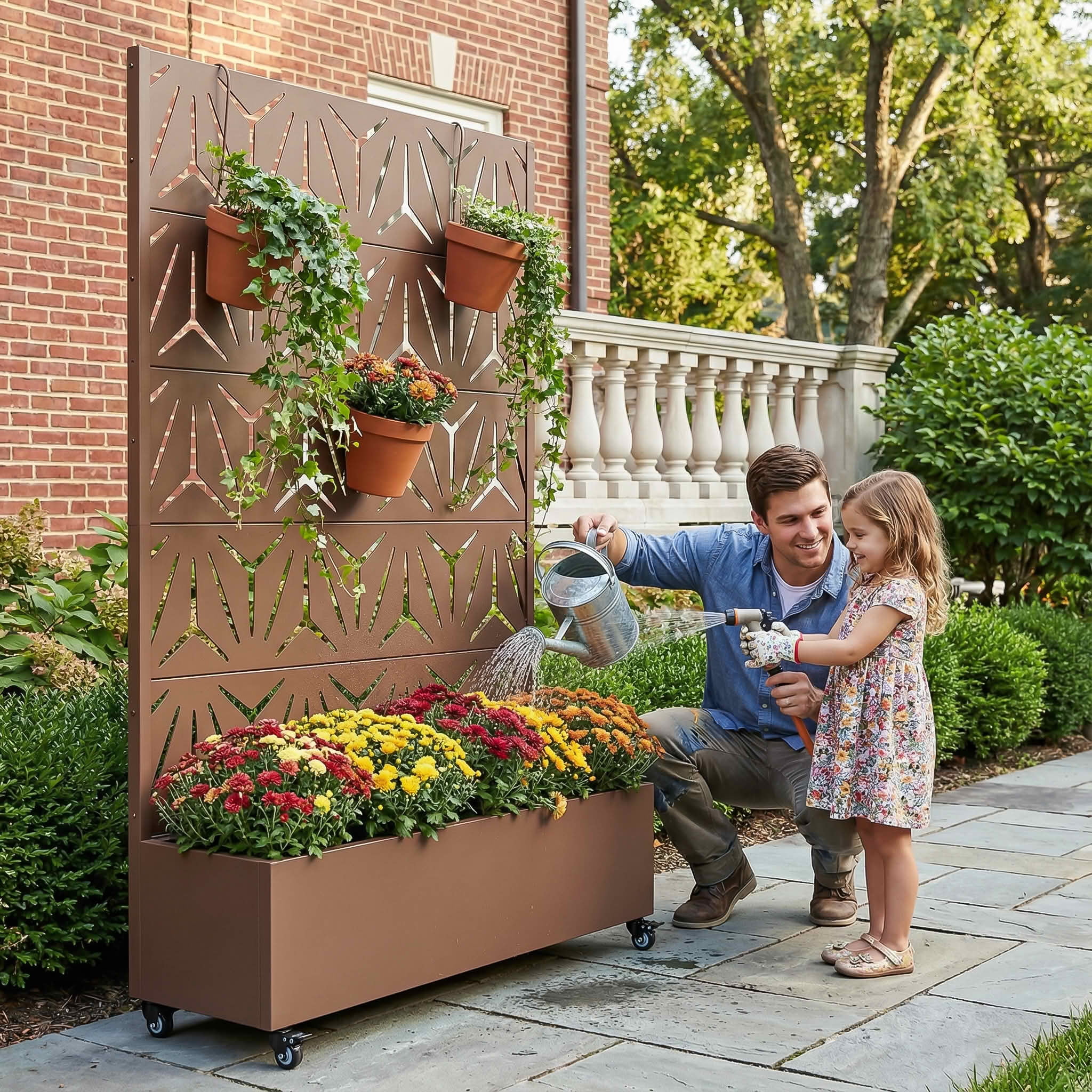 MAYEERTY 72X47" Metal Outdoor Brown Privacy Screen with Planter Box for Backyard & Garden, 5 Piece Set