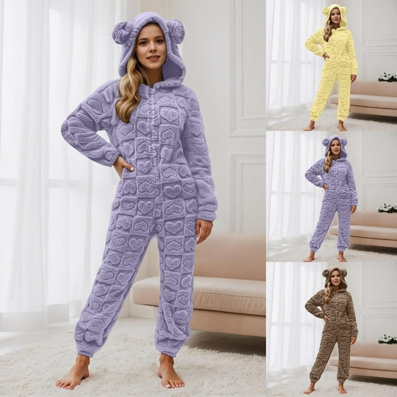Shadoumai Womens Onesies Pajamas Jumpsuit Warm Fuzzy Sherpa Romper Sleepwear Heart Print Zipper Hood Loungewear Playsuit
