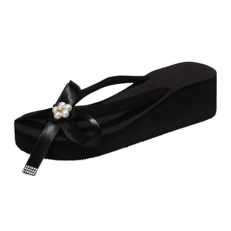

Cathalem Fashion Summer Women Slippers Thick Soles Wedge Heels Flip Flops Ribbon Pearl Bow Solid Beach Casual Style Black 38
