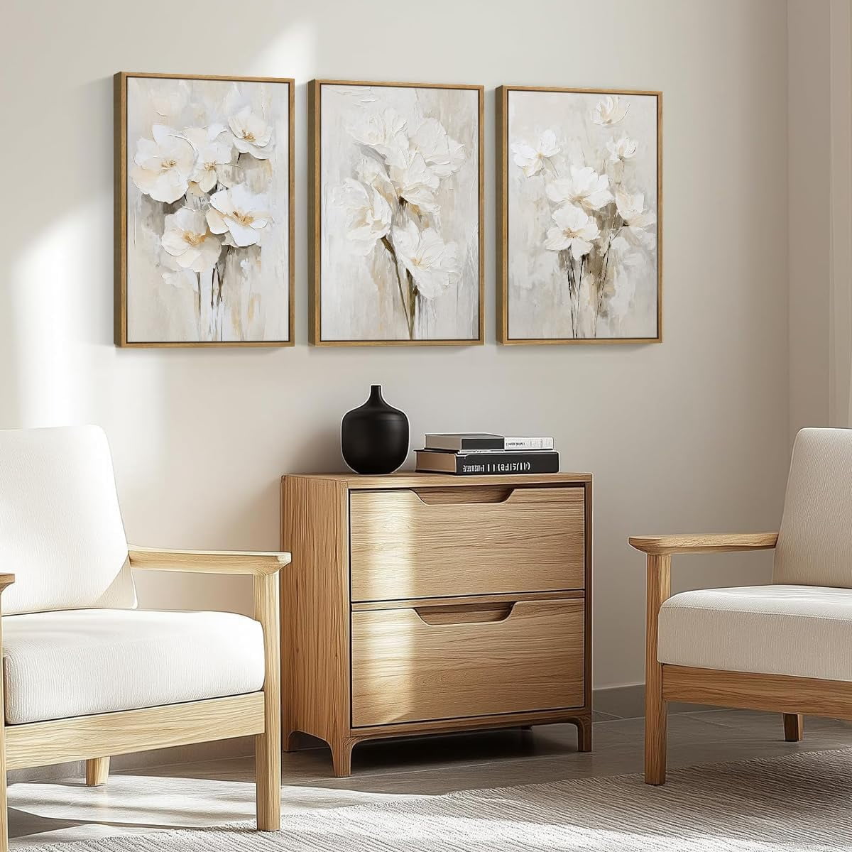 Beige Floral Wall Art Neutral Flower Wall Decor for Living Room Bedroom Dining Room 16x24 Inch Set of 3