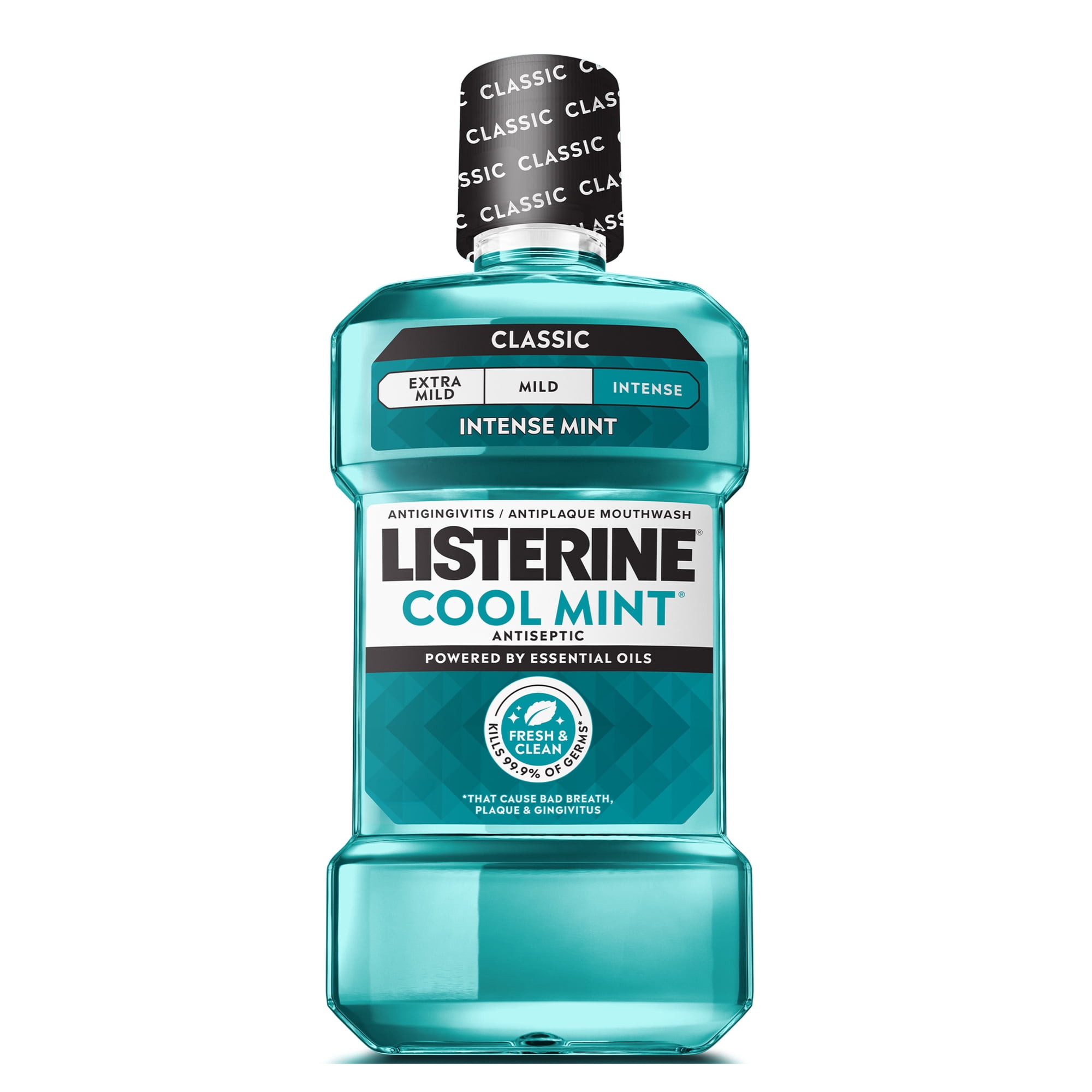 Listerine Cool Mint Antiseptic Mouthwash for Bad Breath and Plaque, Intense Mint, 33.8 fl oz/1 L