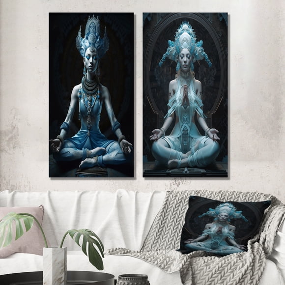 Designart "Blue Yogini Meditation Embodying Spiritual Grace II" Yoga Wall Art Set Of 2 - Traditional Blue Canvas Set For Living Room Decor
