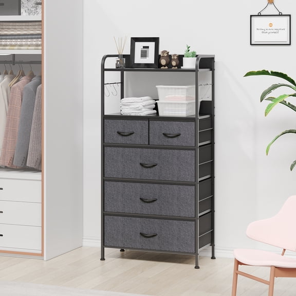 Kicctian Tall 5-Drawer Fabric Dresser with Open Shelf & Hooks – Dresser for Bedroom, Living Room, Closet, Entryway –Gray