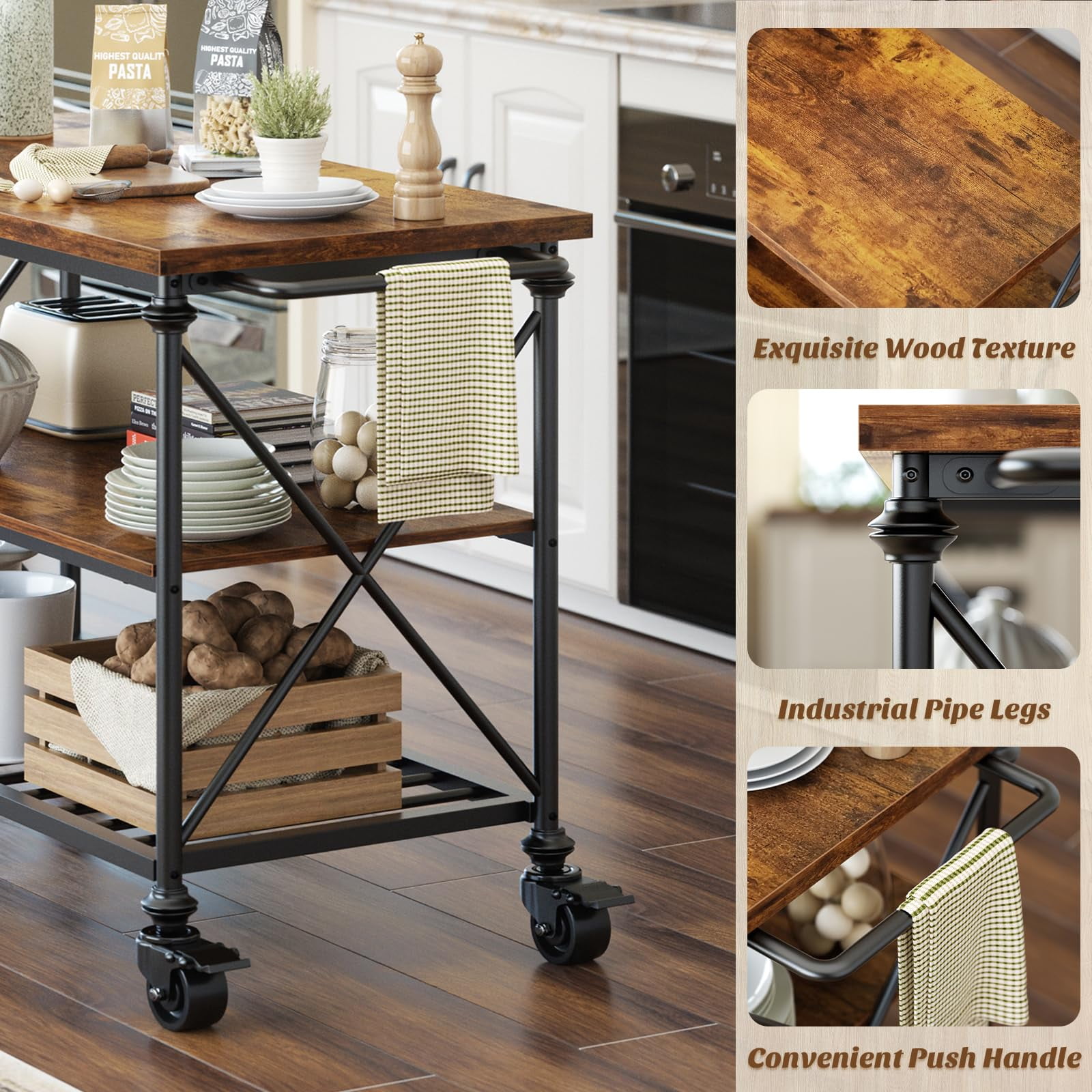 Aheaplus 3-Tier Rolling Kitchen Island with Locking Wheels – Industrial Wood Top Cart for Extra Storage, Mobile Prep Space & Coffee Bar – Easy Assembly,Rustic Brown