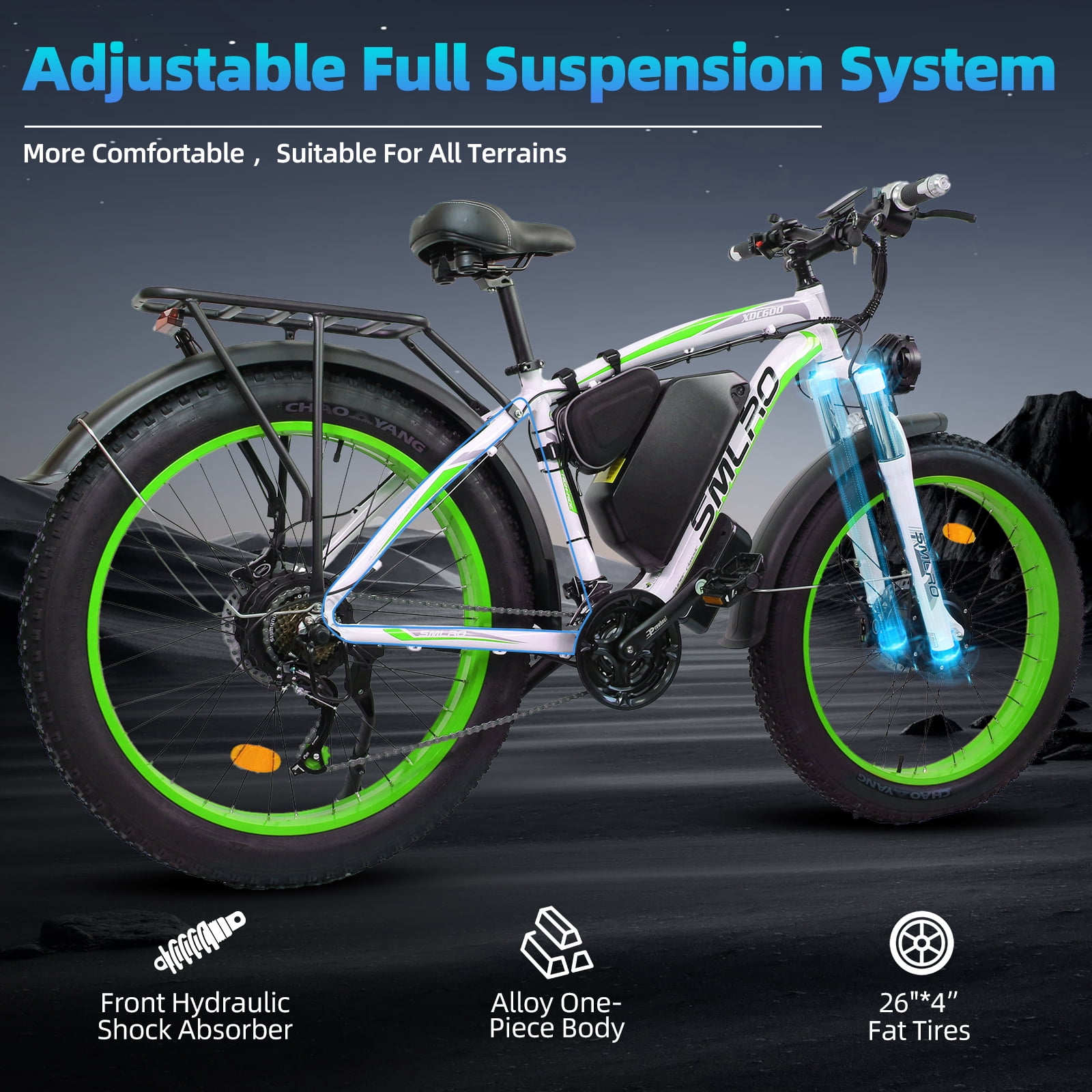 Electric Bike for Adults, 26x4.0 Fat Tire E-Mountain Bicycle, Peak 5000W Motor 52V-30Ah, Mountain Bike Beach Snow Ebike for Men, Green&White