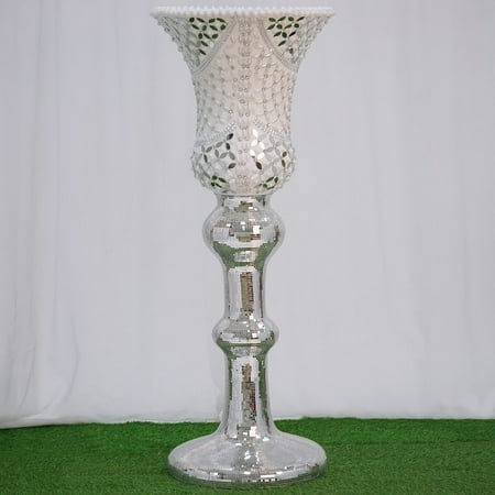 Balsacircle 48 Inch Tall Silver Mosaic Mirror Wedding Column Pedestal Vase With Pearls And Diamonds Party Decorations Centerpieces